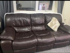 Brown Leather Reclining Sofa 220cm Pillow Back Padded Arms Solid Plain Used
