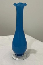 Vintage Sky Blue/ Turquoise Ruffled Edge 7.25  Tall Bud Vase Clear Base