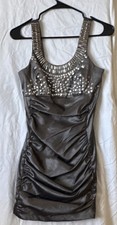 Silver Studded Sleeveless Bodycon Dress Ruched Scoop Neck Short Party