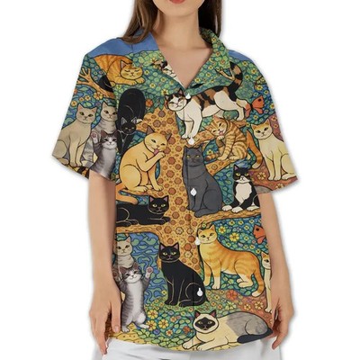 Vintage Cat Hawaiian Shirt for Women Cute Pet Lover Summer Gift