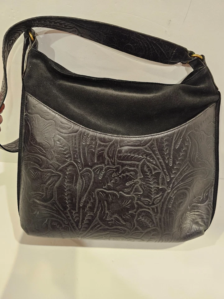 MAXX New York Floral Black Embossed Leather Purse Brown Plaid Lined STUNNING - Image 2 of 4