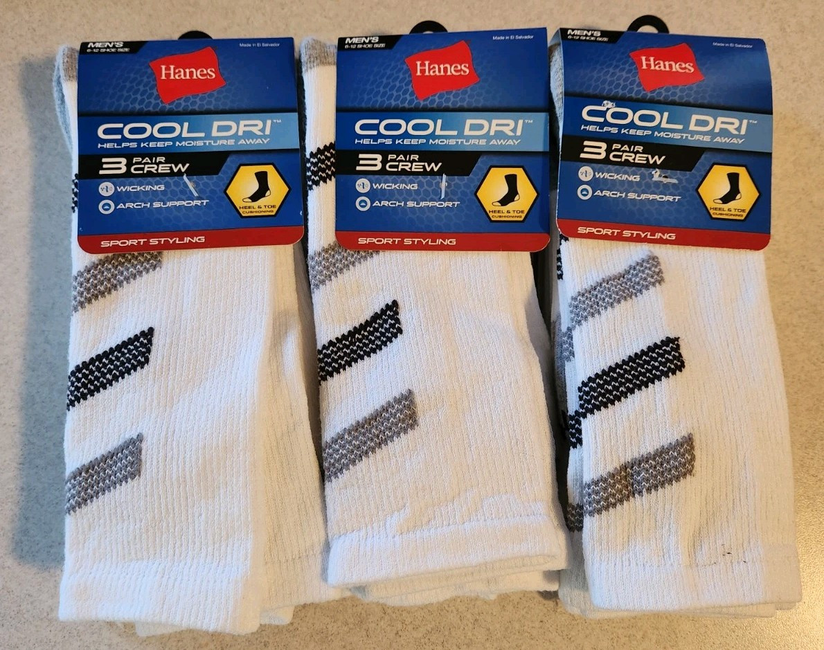 Hanes Men's 9-Pack Cool Dri Crew Socks White Sizes 6-12 #32125