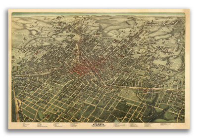 Bird's Eye View 1892 Atlanta Georgia Vintage Style City Map - 24x36