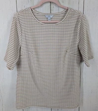 Croft Barrow Size Large Tan White Crinkle Knit Short Sleeve Womens Casual Top