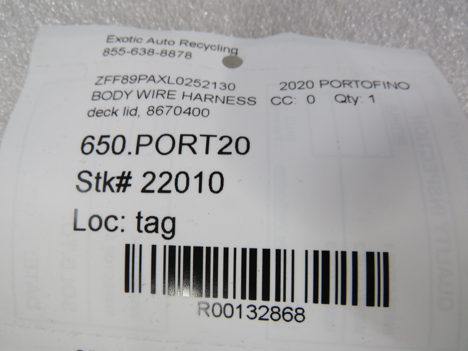 Ferrari Portofino, Deck Lid Wire Harness, Used, P/N 867040