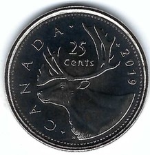 ¡Moneda de cuarto Canadian Brilliant 2019 25C QEII y Caribou!