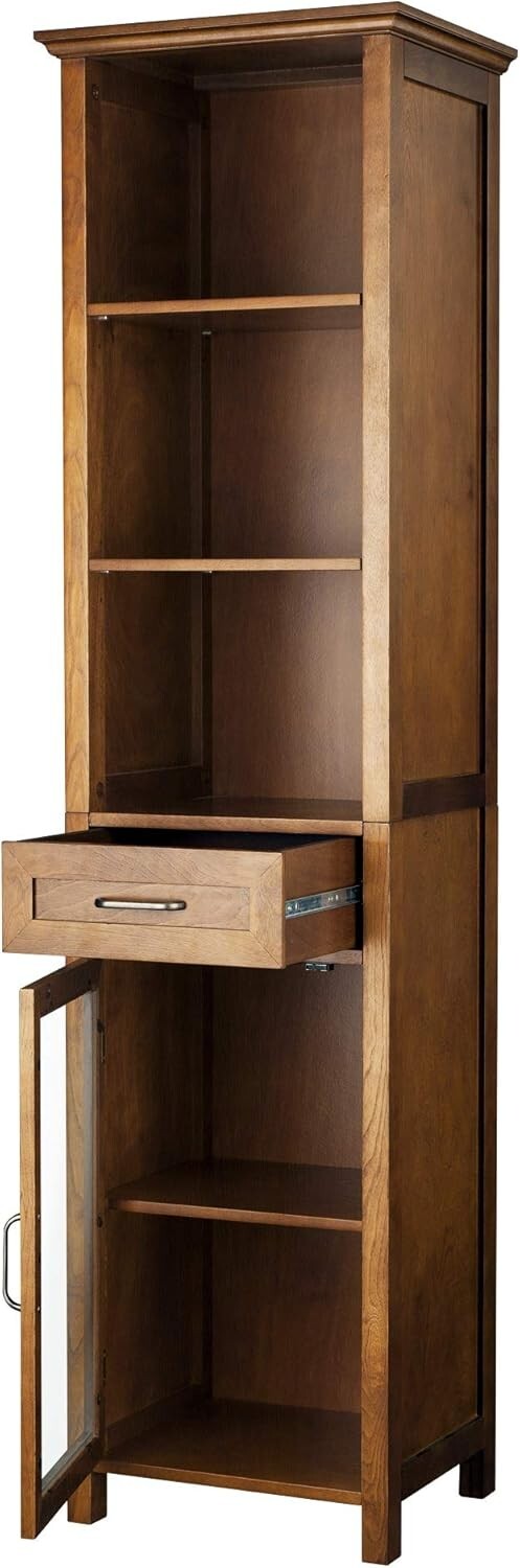 Oak Finish Wooden Linen Tower Storage Cabinet Tall Organizer Bathroom Towel Door