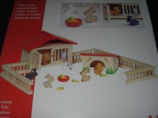 Kaninchenstall, Spielset mit 25 Teilen, Holz, Zaun, Zubehör und Häschen