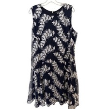 TOMMY HILFIGER Women's Navy White Embroidered Sleeveless Dress Lined - Size 16