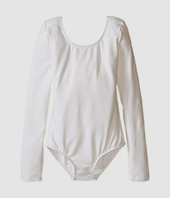$40 Bloch Girls White Stretch Crew-Neck Long-Sleeve Ballet Leotard Size 2-4