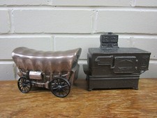 Vintage 1970s Die-Cast Coin Bank Lot of 2 Banthrico Chicago USA Wagon Stove