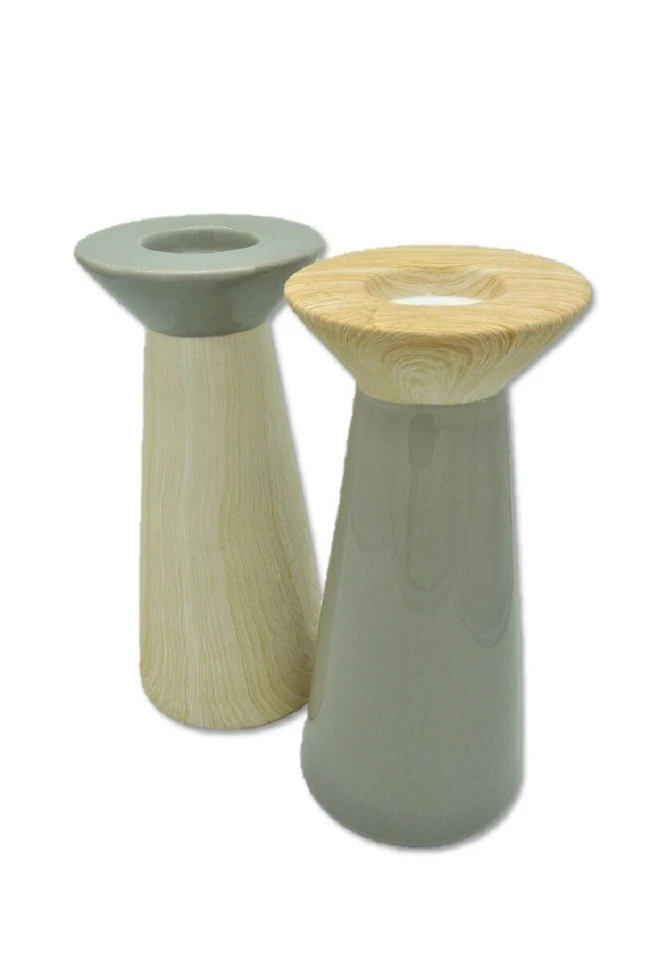 4 große Kerzenhalter je 23 cm hoch Holzoptik Grau Kerzenständer für Stabkerzen