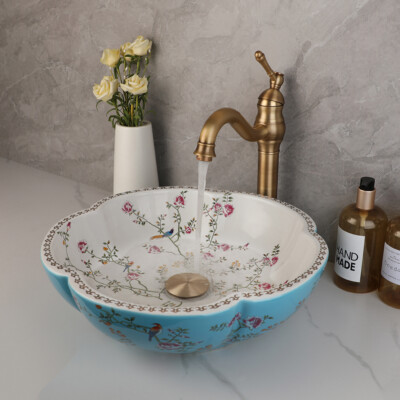 Flower Bird Bathroom Vessel Sink Blue White Ceramic Bowl Sinks With Faucet Set