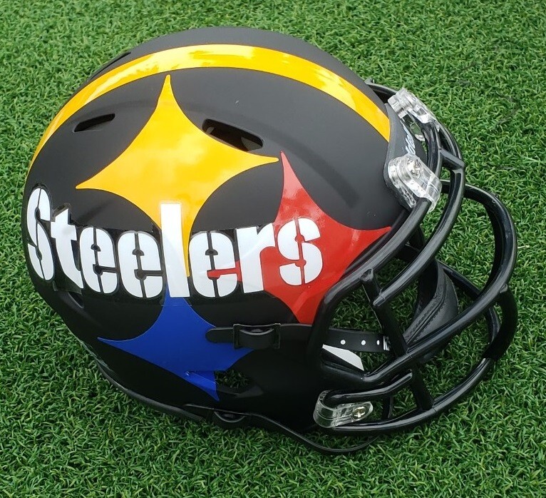 cheap minature pittsburg steelers football helmets PITTSBURGH STEELERS BLACK MATTE HUGE LOGO FOOTBALL MINI SPEED HELMET