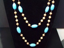 Long Blue Glass Beads Necklace Vintage Strand Round Tan Bead on Wire Chain Retro
