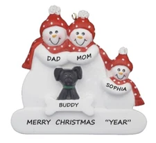 Personalized Snowman Family of 3 w/ Dog Christmas Ornament 