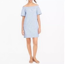 J Crew NWT Striped Mini Dress 0 Blue White Off Shoulder Linen Beachy Cali Preppy