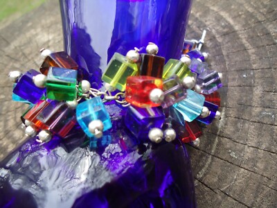 Colorful Crystal ? Glass ? Cube Bead Chunky Bracelet Toggle Closure Whimsy Fun