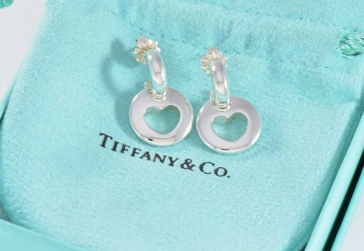 Tiffany Co Silver Open Heart Cutout Hoop Dangle Stencil Love Earrings 2 in 1