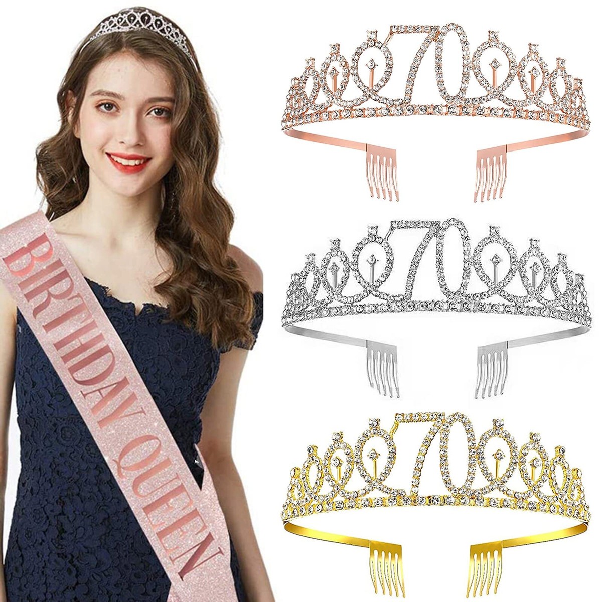 Set van 2 70e verjaardag sjerp en tiara roze verjaardag sjerp verjaardag kroon 70e verjaardag kroon prinses kristal kroon sjerp voor vrouwen 70e verjaardag geschenken feestaccessoires