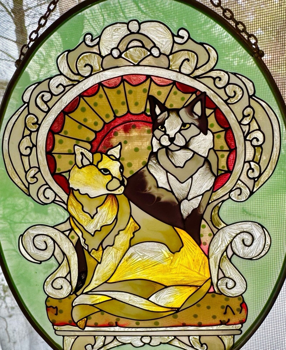 Vintage JOAN BAKER Designs CATS Hand Painted Stained Glass