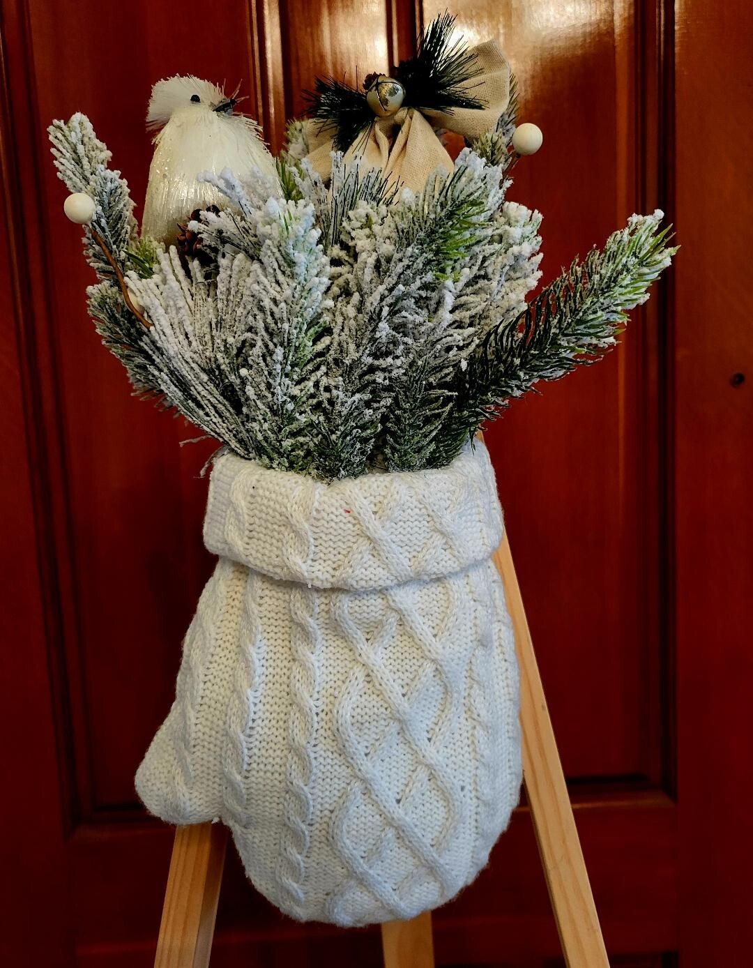 Knit Mitten Door Hanger w/ Greenery, Bird & Bow, Mitten is 8