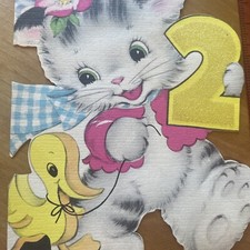 Vtg Birthday Card Kitten ADORABLE cat Diecut gray 40s MCM pink sugar glitter 2