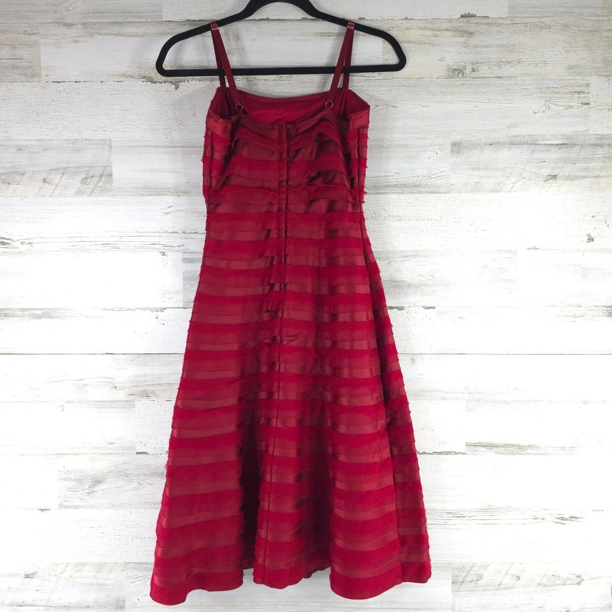 BCBGMAXAZRIA Fit and Flare Layered Silk and Satin Midi Dress in Dark Red SIZE 2. BCBGMAXAZRIA Fit and Flare Layered Silk and Satin Midi Dress in Dark Red SIZE 2.