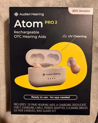 NEW Audien ATOM Pro 2 OTC Hearing Aids   Rechargeable, Noise Canceling, Sealed