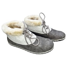 Minnetonka Womens 9M Tega Duck Ankle Boots Lace Up Grey Quilted Faux Fur Lined
