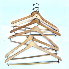 6 Vtg Wooden Hangers Suit Coat Pants Natural Wood store Ads 17"