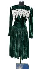 Vtg Jessica McClintock Gunne Sax Green Velvet Midi Dress Size 9 Lace Trim Collar