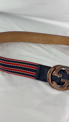 GUCCI 114984 Blue Red Nylon Web Interlocking GG Men's Belt Made in