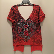 Affliction Tee Shirt American Metal Women Small Red Deep V Cutouts Bike USA Made