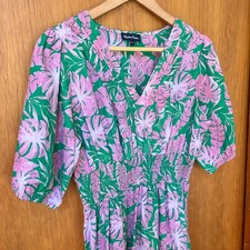 Meadow Rhodes Pink Green Tropical Leaf Smocked Tiered Maxi Dress Womens Medium