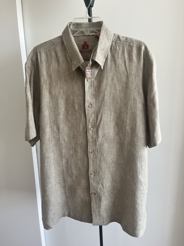 New Reunion Button Down Shirt Short Sleeve Beige Taupe 100% Fine linen Large XL
