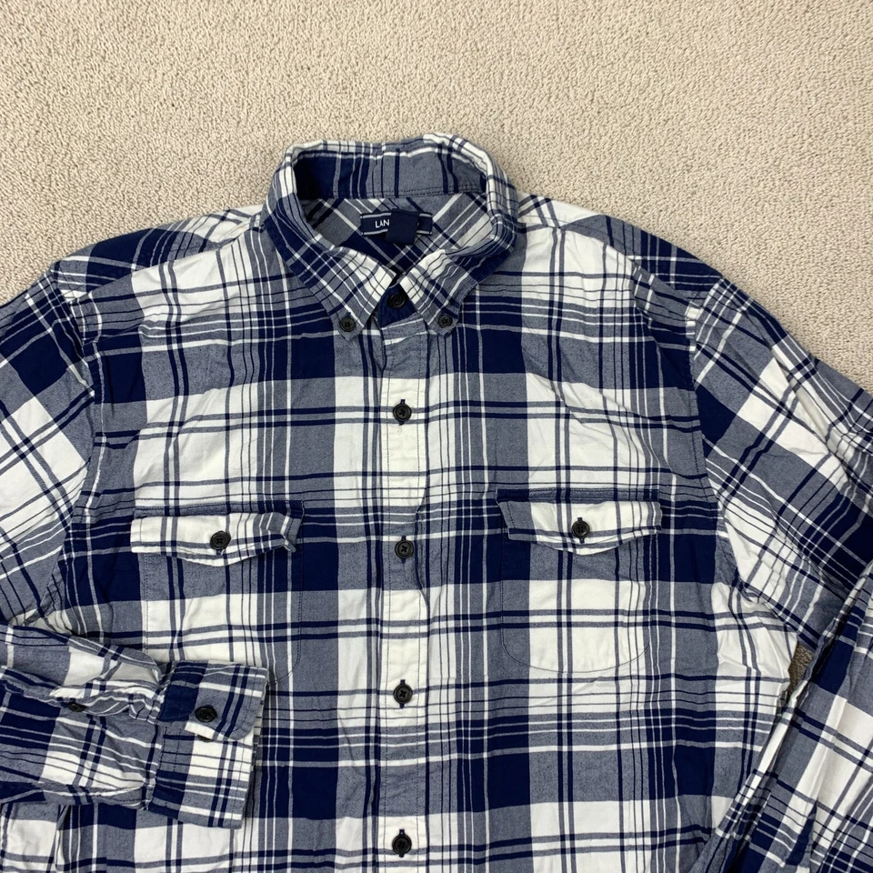 Camisa social masculina Lands' End ajuste tradicional flanela 16-16.5 xadrez marinho - Imagem 2 de 4