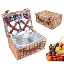 Vintage Wicker Picnic Basket with Latch & 19 Piece Colorful Picnic Ware Set