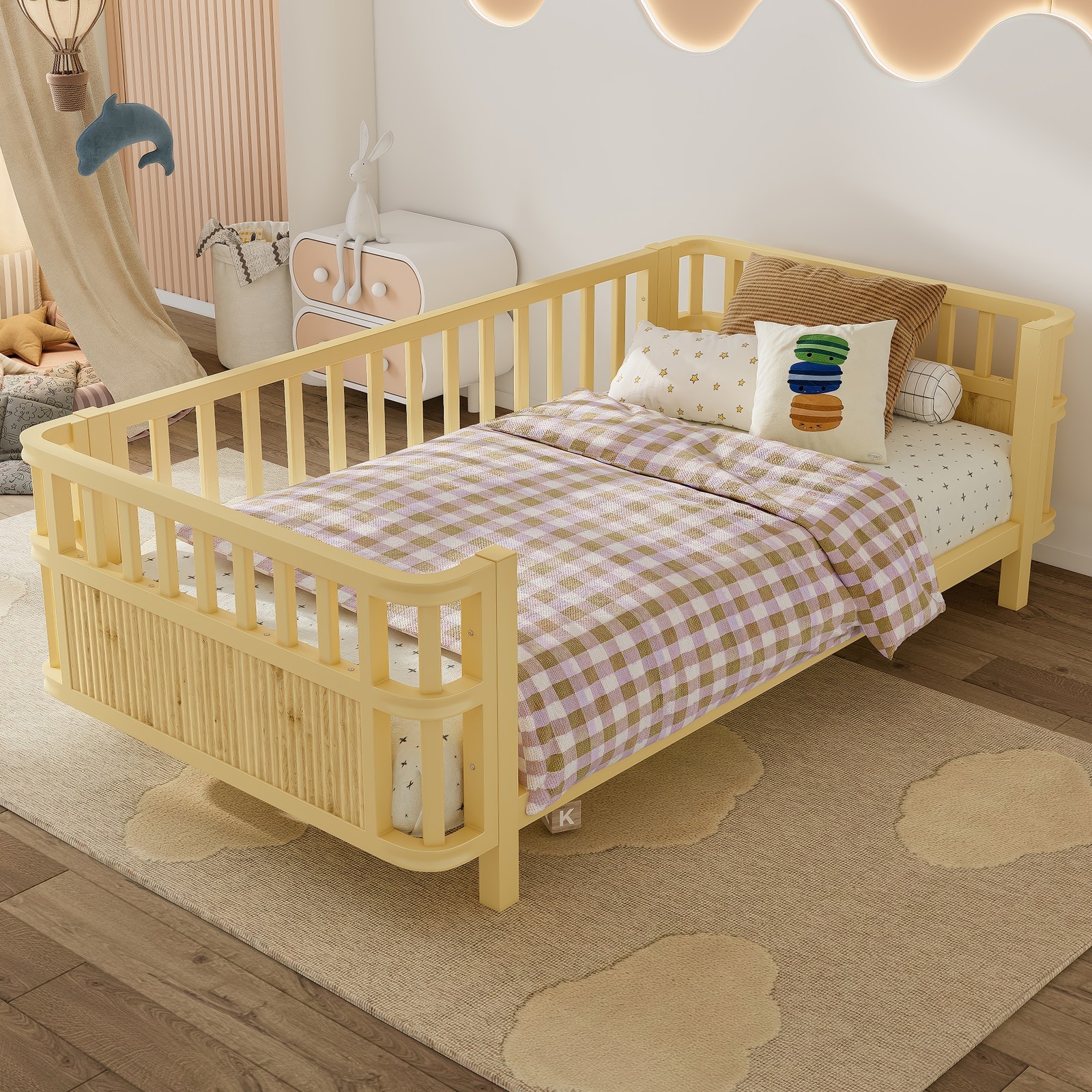 Twin Size Montessori Floor Bed Frame W/Fence Wood Slats for Kids Bedroom Natural