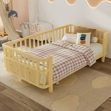 Twin Size Montessori Floor Bed Frame W/Fence Wood Slats for Kids Bedroom Natural