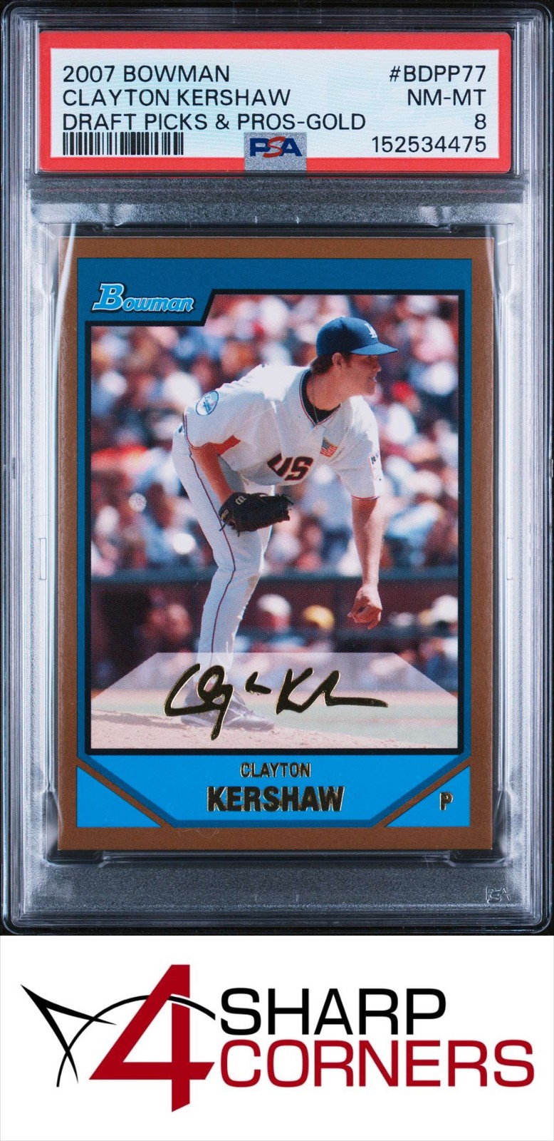 2007 BOWMAN DRAFT PICKS & PROSPECTS GOLD #BDPP77 CLAYTON KERSHAW RC PSA 8 view 1