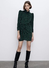 Zara Green Floral Puff Sleeve Draped Ruched Mini Dress Women's M NWT