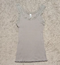 Banana Republic Y2K Lace Trim Ribbed Tank Taupe Sz M Boho Fairy Grunge Festival