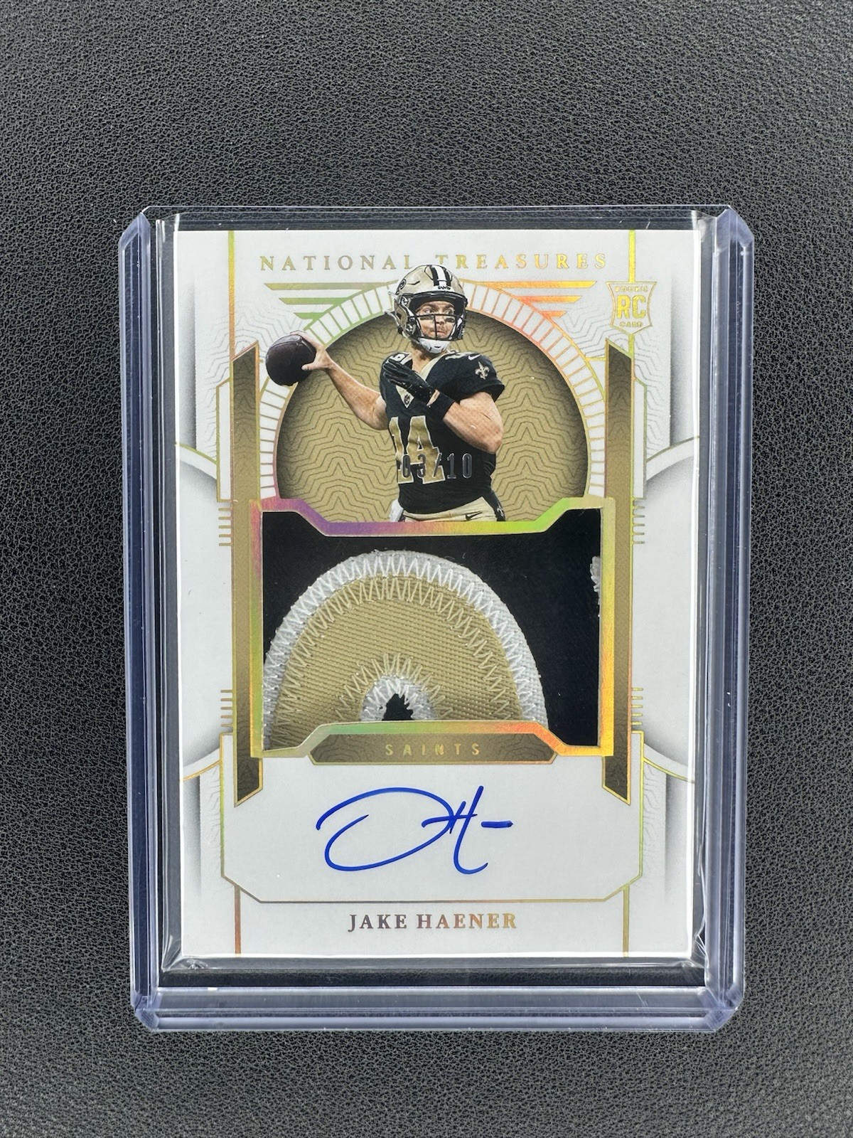 2023 Panini National Treasures Rookie Patch Autographs Jake Haener #168 Gold /10