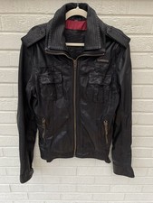 Superdry Jacket Mens Large Black Ryan Leather Biker Racer Motorcycle Full Zip
