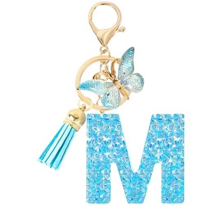 Initial letter Keychains for Women Girls Tassel M-blue Dream Butterfly