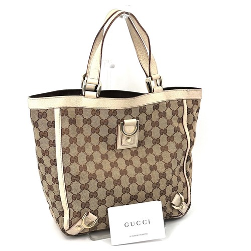 GUCCI GG tote bag handbag canvas leather brown white authentic