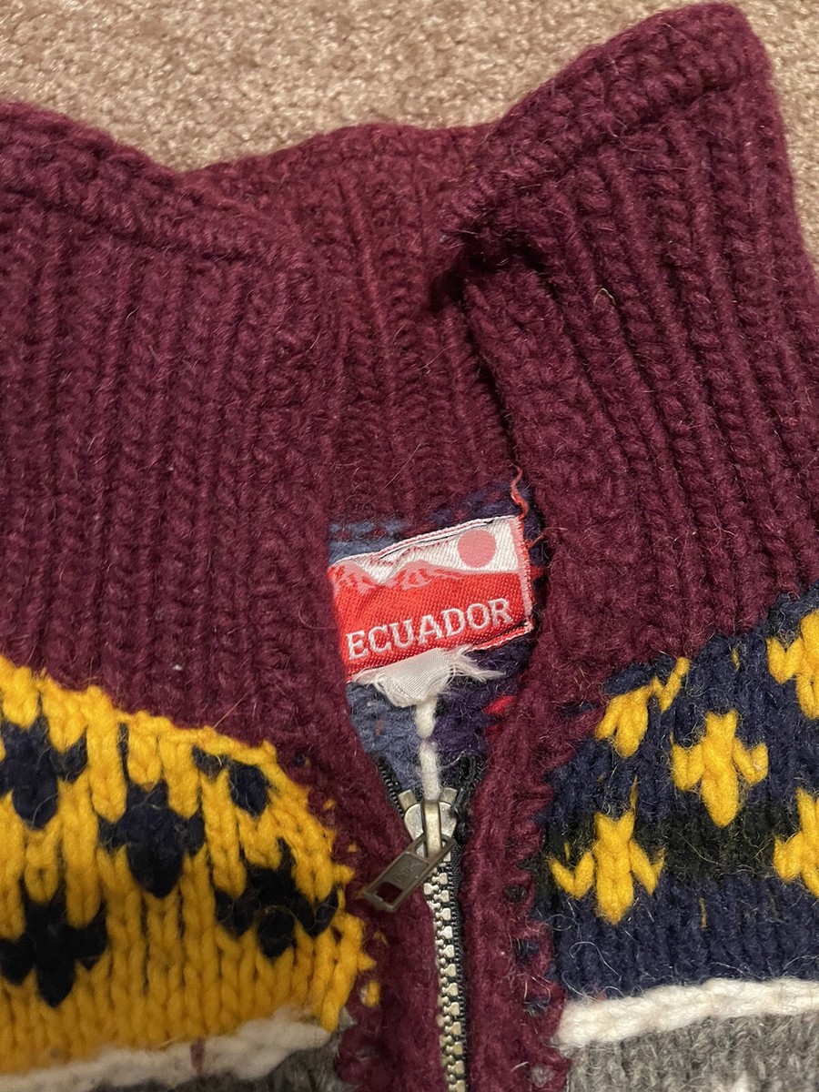 Vintage Ecuador Hand Knit Wool Sweater Adult Large Red Blue Vintage Ecuador Hand Knit Wool Sweater Adult Large Red Blue