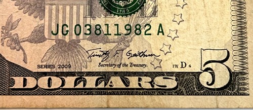 $5 Dollar Bill 2009 Circulated YEAR Serial Number JG 038 1 1982 A - Picture 1 of 3