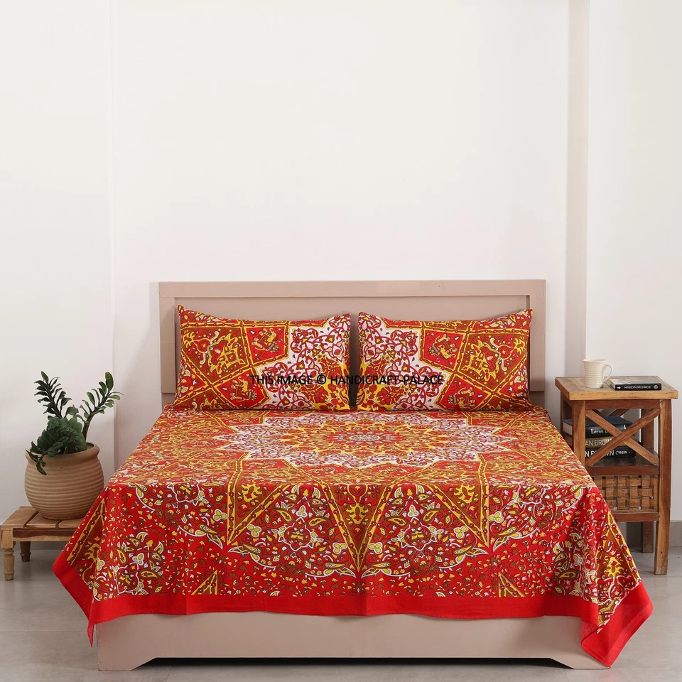 Sábana bajera mandala roja india 100 % algodón tapiz hippie con juego de almohada Foto 2 de 4